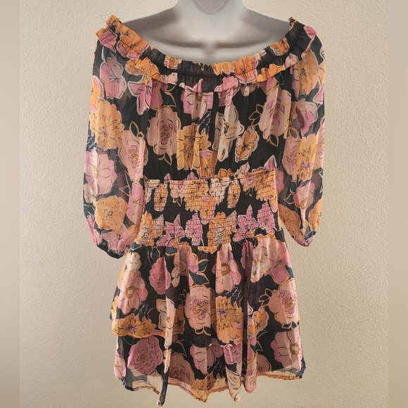 Pink Lilly Fall Floral Off-Shoulder Romper Dress Size Small Black Pink & Orange - Picture 3 of 6